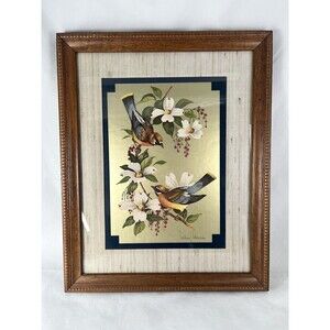 Vtg Foil Art Print William J. Whiteside Birds On Dogwood 15.5 X 12 Signed EUC